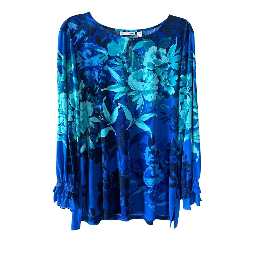 Susan Graver Blue Rhinestone Tunic Top XL Smock Sleeves Classy
